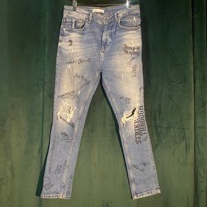 Zara Denim Graffiti & Distressed Skinny Jeans